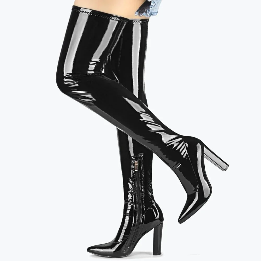 Women Black Chunky Heel Over The Knee Boots Patent Leather PU Stretchy Tall Boot